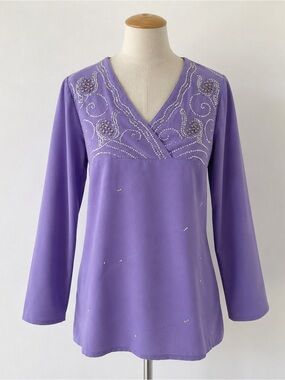 Vintage Y2K Purple Boho Fairy Tunic Bell Sleeve Beaded Sequin 1X